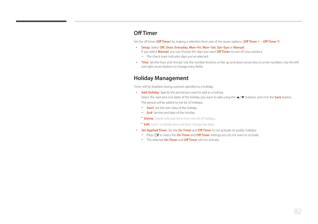 Samsung LH22DBDPTGC/EN, LH22DBDPTGC/CH manual Off Timer, Holiday Management 