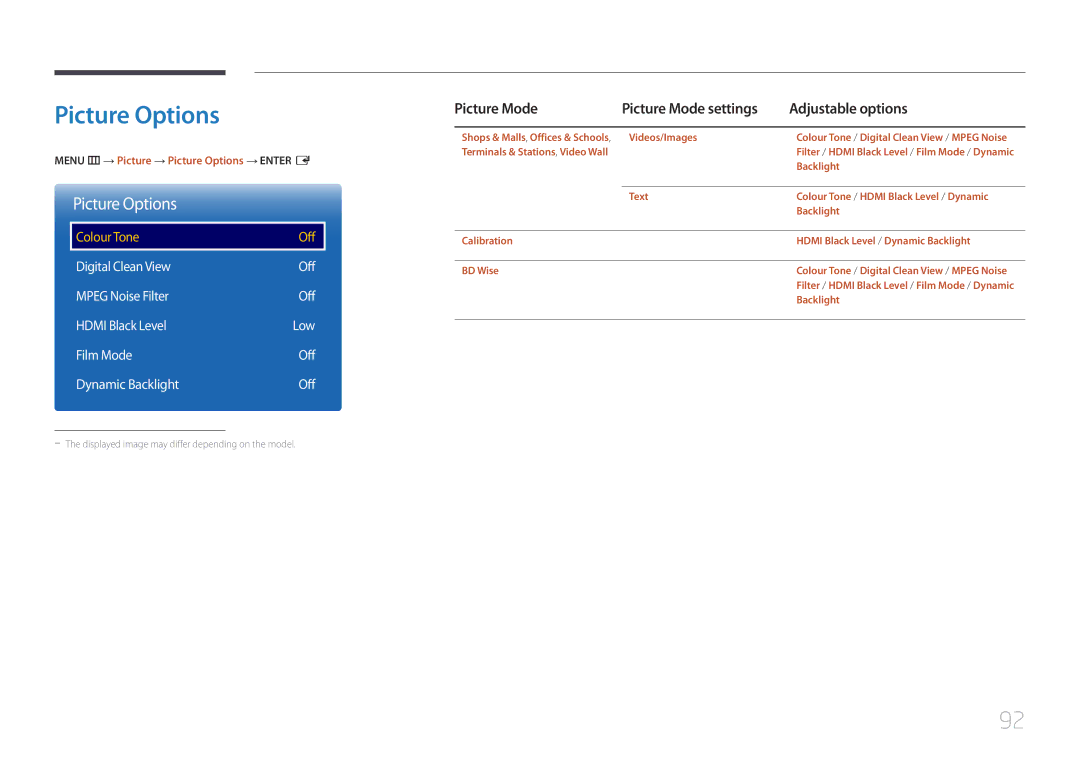 Samsung LH22DBDPTGC/EN, LH22DBDPTGC/CH manual Picture Options, Digital Clean View Off Mpeg Noise Filter Hdmi Black Level 