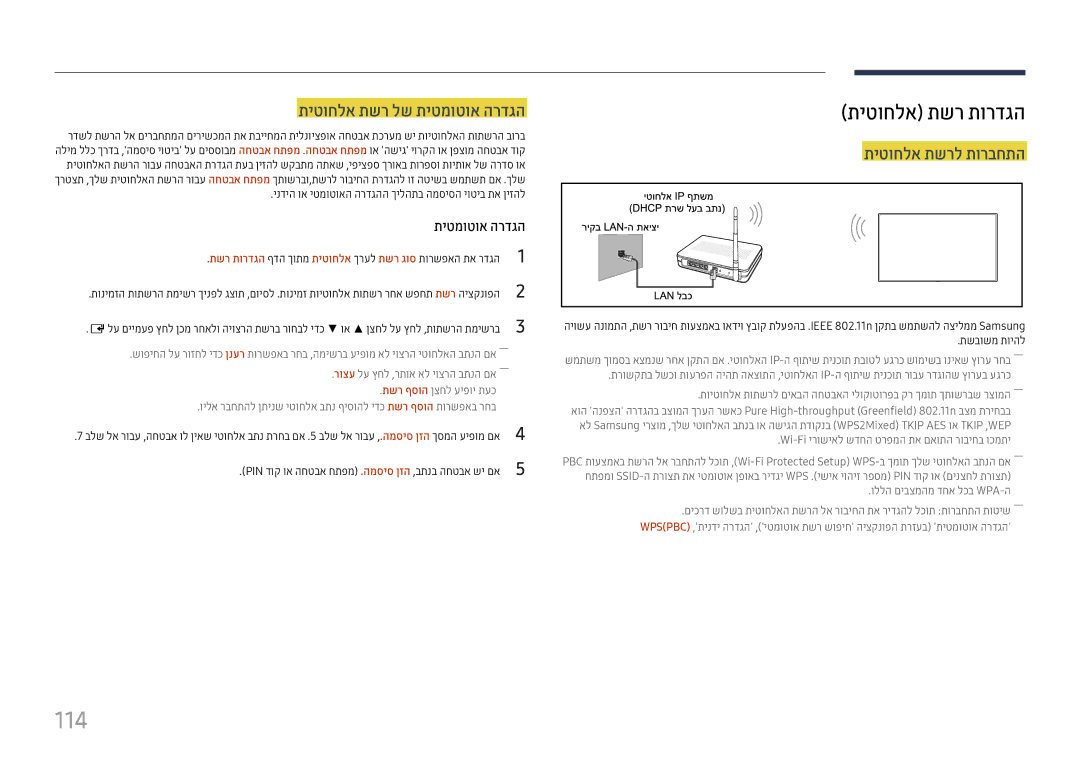 Samsung LH22DBDPTGC/EN, LH22DBDPTGC/CH manual 114, תיטוחלא תשר תורדגה, תיטוחלא תשר לש תיטמוטוא הרדגה, תיטוחלא תשרל תורבחתה 