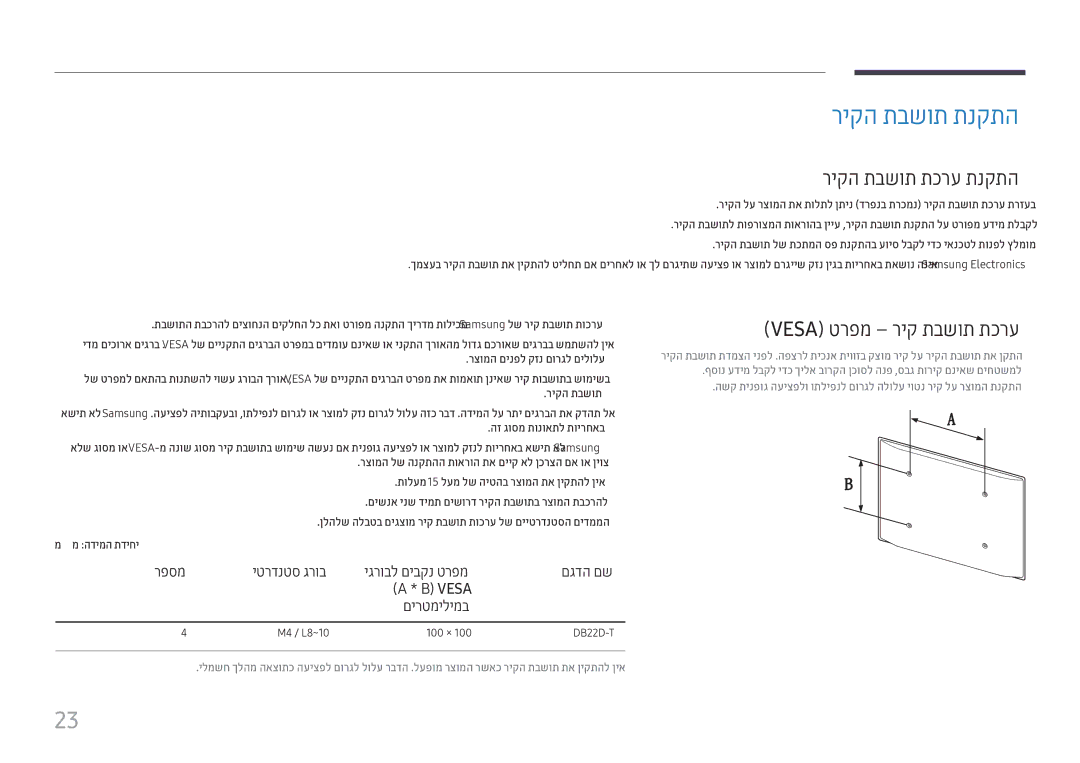 Samsung LH22DBDPTGC/CH, LH22DBDPTGC/EN manual ריקה תבשות תנקתה, ריקה תבשות תכרע תנקתה, ‏Vesa טרפמ ריק תבשות תכרע 