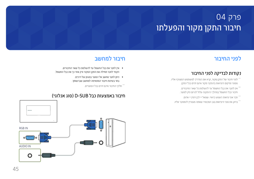 Samsung LH22DBDPTGC/CH manual ותלעפהו רוקמ ןקתה רוביח, בשחמל רוביח, רוביחה ינפל, יגולנא גוס D-Sub לבכ תועצמאב רוביח 