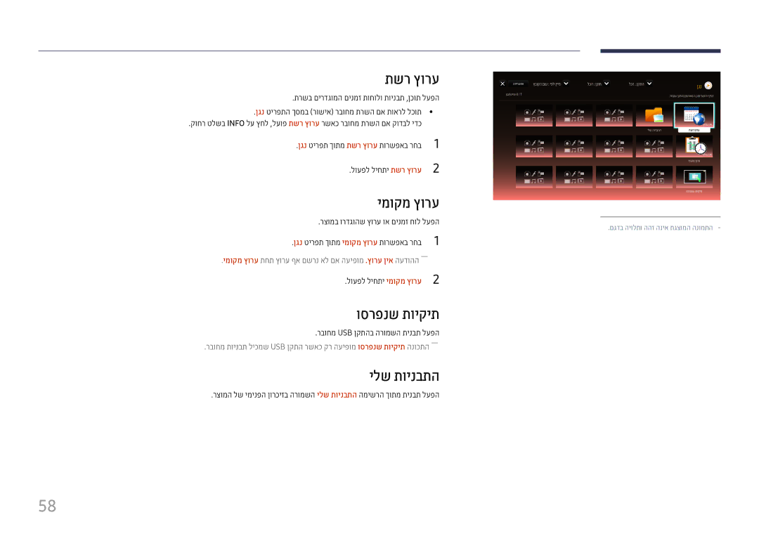 Samsung LH22DBDPTGC/EN, LH22DBDPTGC/CH manual תשר ץורע, ימוקמ ץורע, וסרפנש תויקית, ילש תוינבתה 