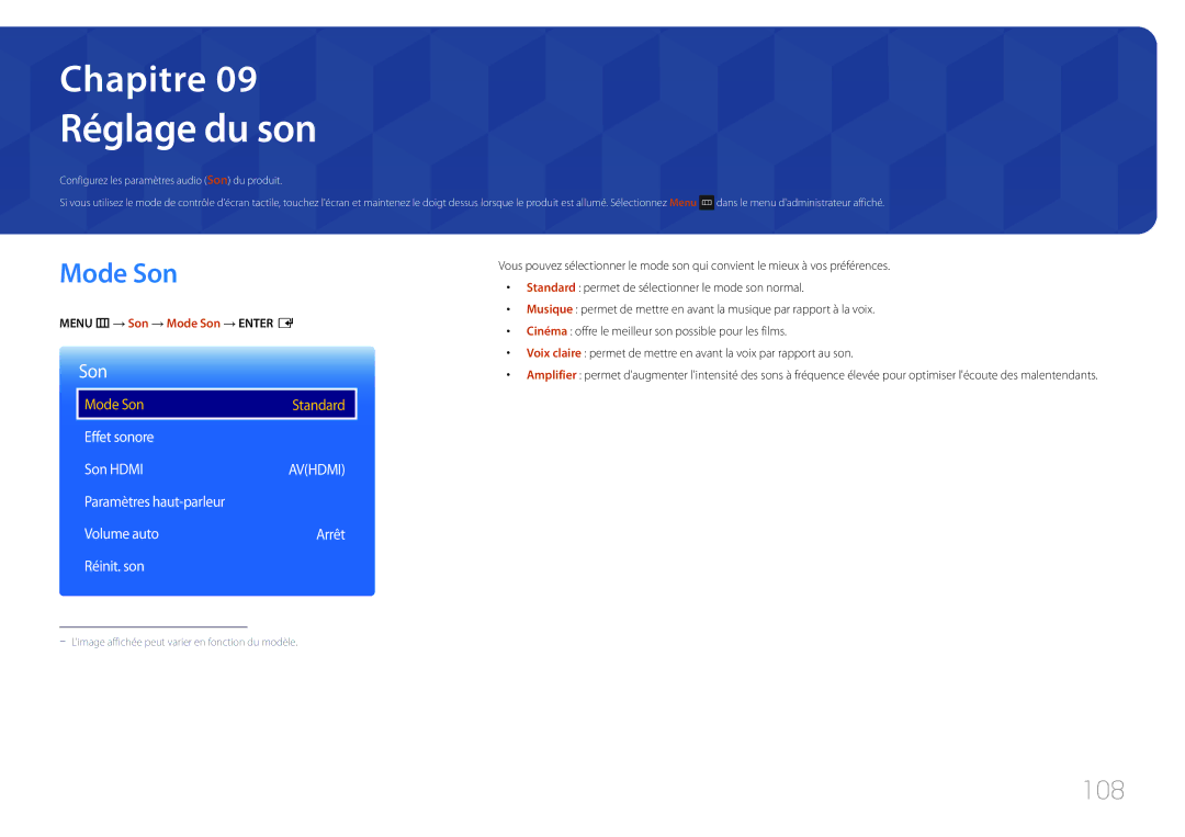 Samsung LH22DBDPTGC/EN manual Réglage du son, Mode Son, 108 