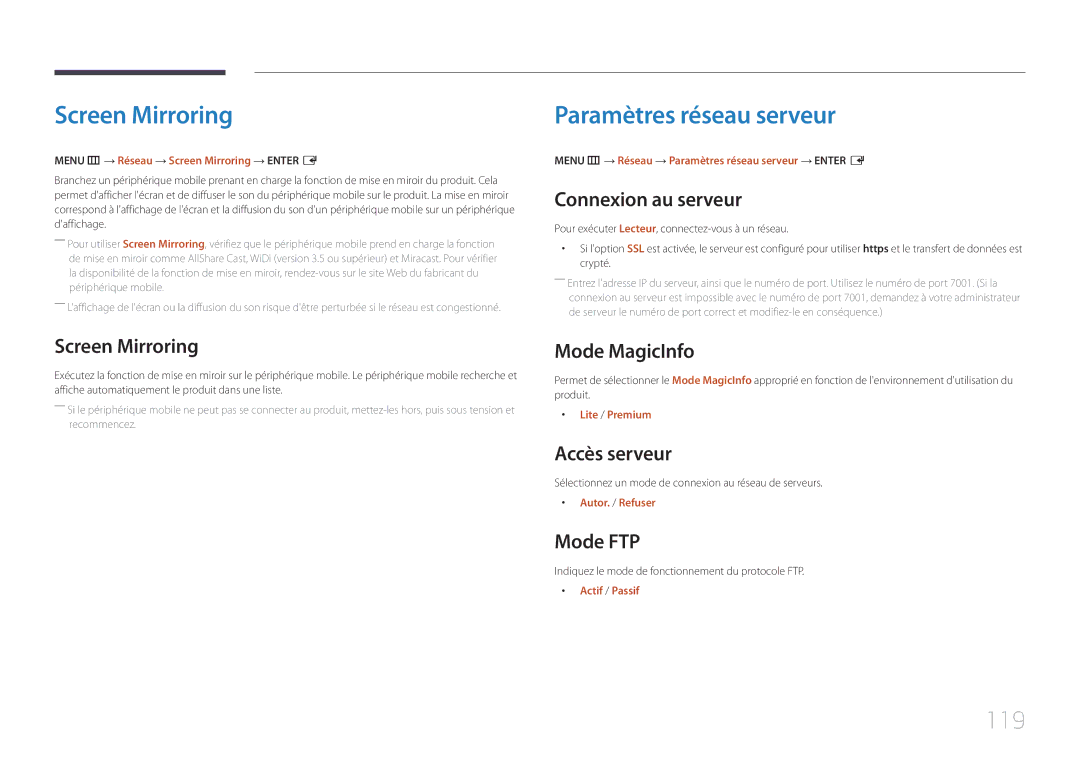 Samsung LH22DBDPTGC/EN manual Screen Mirroring, Paramètres réseau serveur, 119 