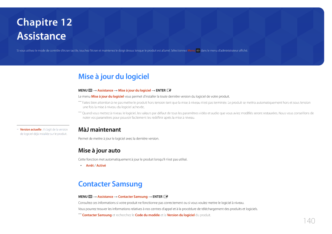 Samsung LH22DBDPTGC/EN manual Assistance, Mise à jour du logiciel, Contacter Samsung, 140 