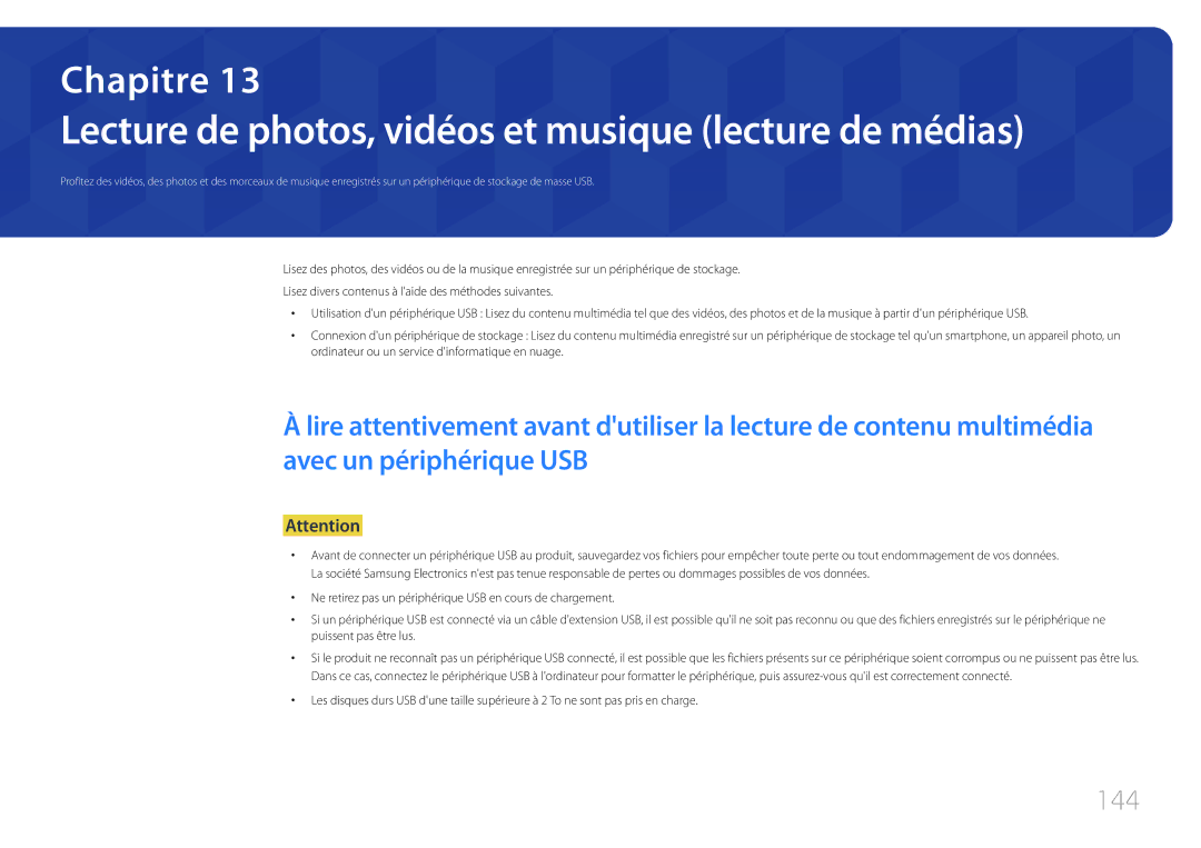 Samsung LH22DBDPTGC/EN manual Lecture de photos, vidéos et musique lecture de médias, 144 