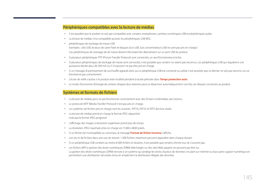 Samsung LH22DBDPTGC/EN manual 145, Périphériques compatibles avec la lecture de médias, Systèmes et formats de fichiers 