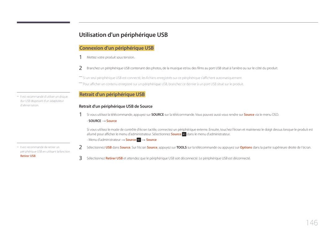 Samsung LH22DBDPTGC/EN 146, Utilisation dun périphérique USB, Connexion dun périphérique USB, Retrait dun périphérique USB 