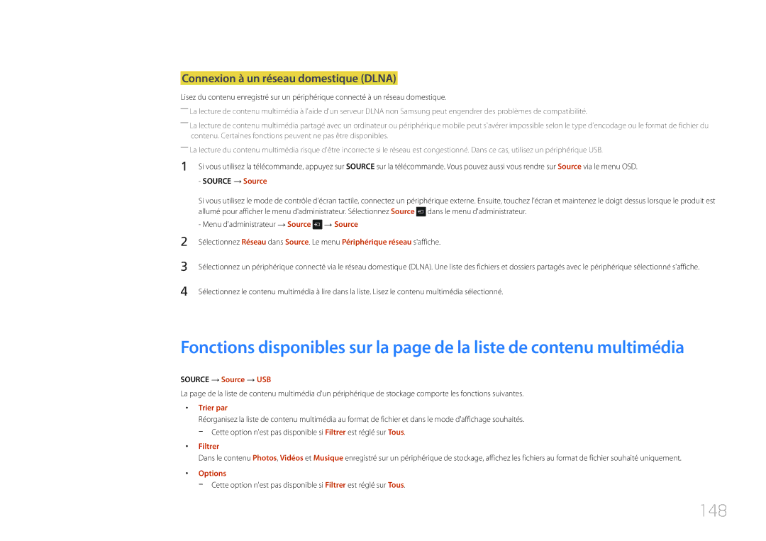 Samsung LH22DBDPTGC/EN manual 148, Connexion à un réseau domestique Dlna, Source → Source → USB 