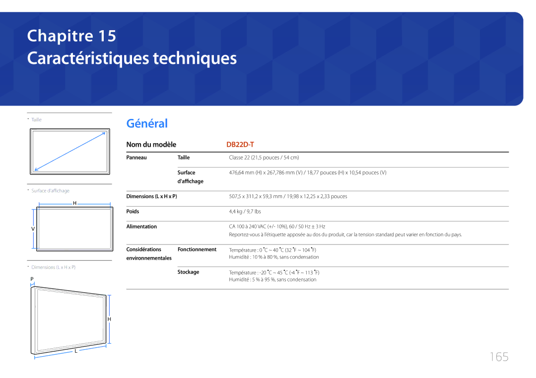 Samsung LH22DBDPTGC/EN manual Caractéristiques techniques, 165 