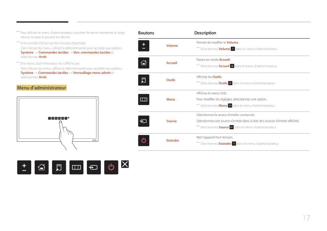 Samsung LH22DBDPTGC/EN manual Menu dadministrateur, Volume, Accueil, Outils, Eteindre 