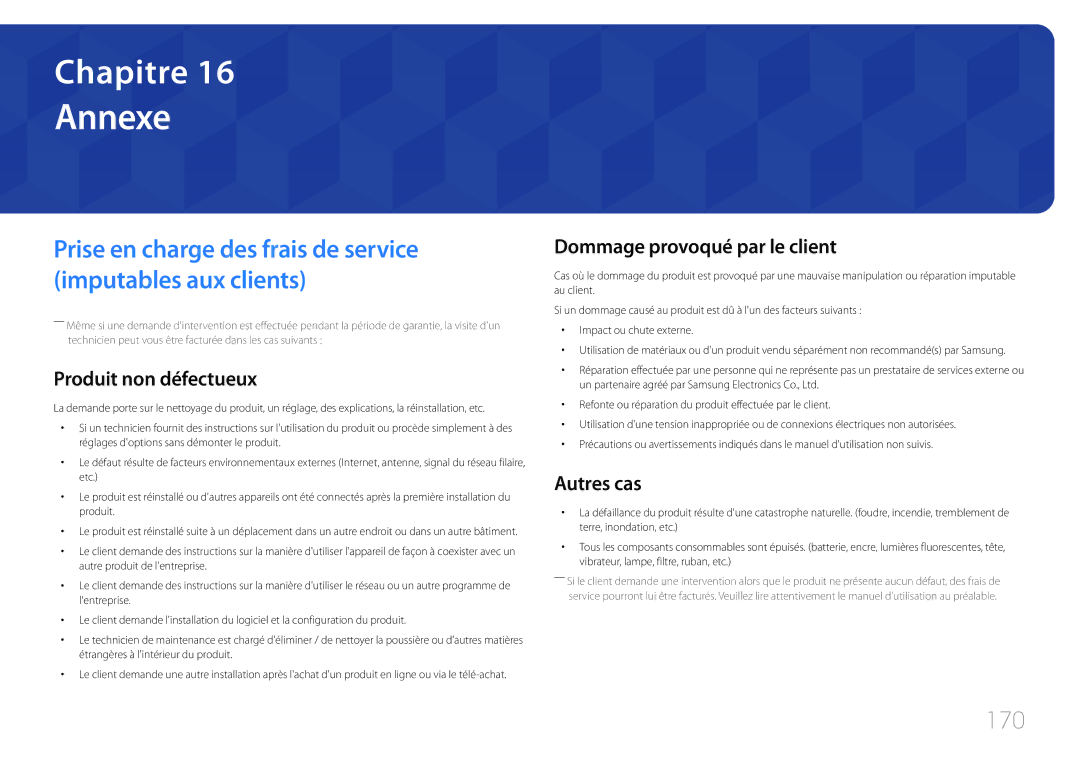 Samsung LH22DBDPTGC/EN manual Annexe, 170, Produit non défectueux, Dommage provoqué par le client, Autres cas 