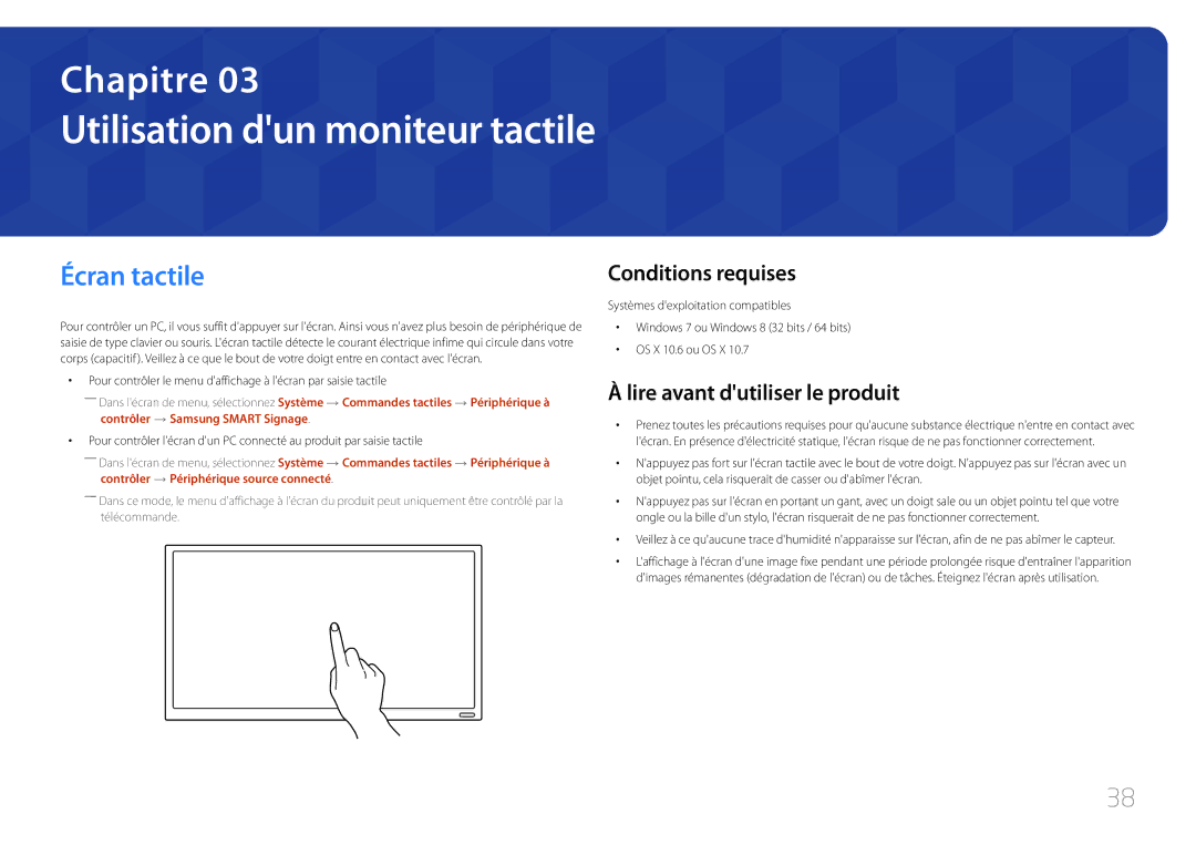 Samsung LH22DBDPTGC/EN manual Utilisation dun moniteur tactile, Écran tactile, Conditions requises 