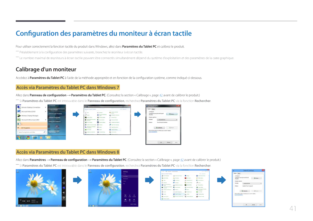 Samsung LH22DBDPTGC/EN manual Configuration des paramètres du moniteur à écran tactile, Calibrage dun moniteur 