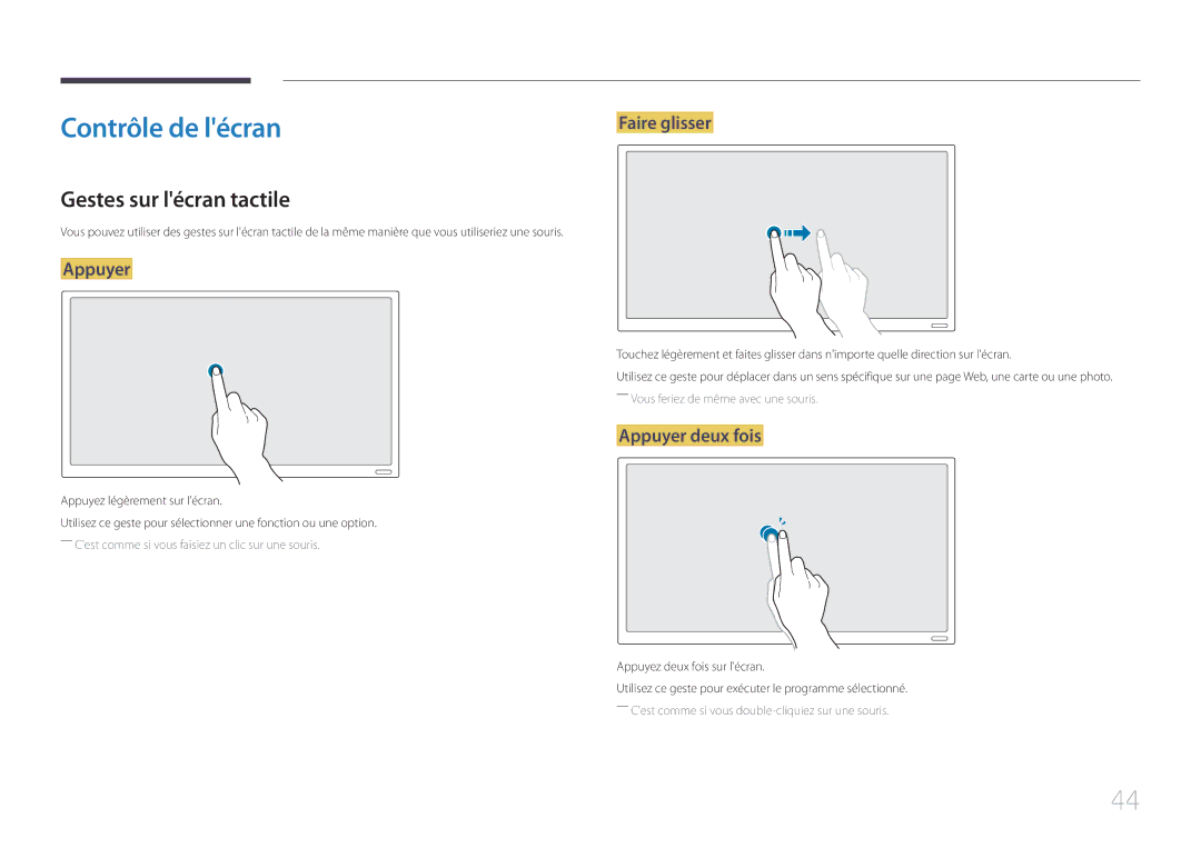 Samsung LH22DBDPTGC/EN manual Contrôle de lécran, Gestes sur lécran tactile, Faire glisser, Appuyer deux fois 