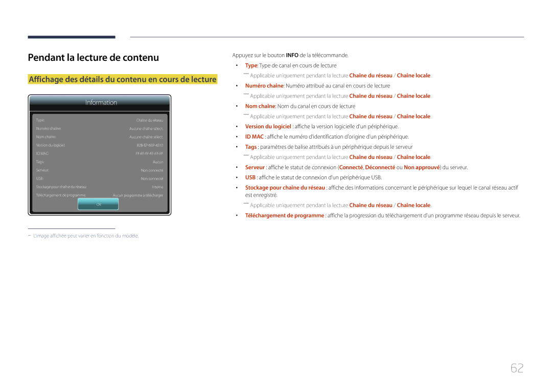 Samsung LH22DBDPTGC/EN Pendant la lecture de contenu, Affichage des détails du contenu en cours de lecture, Information 