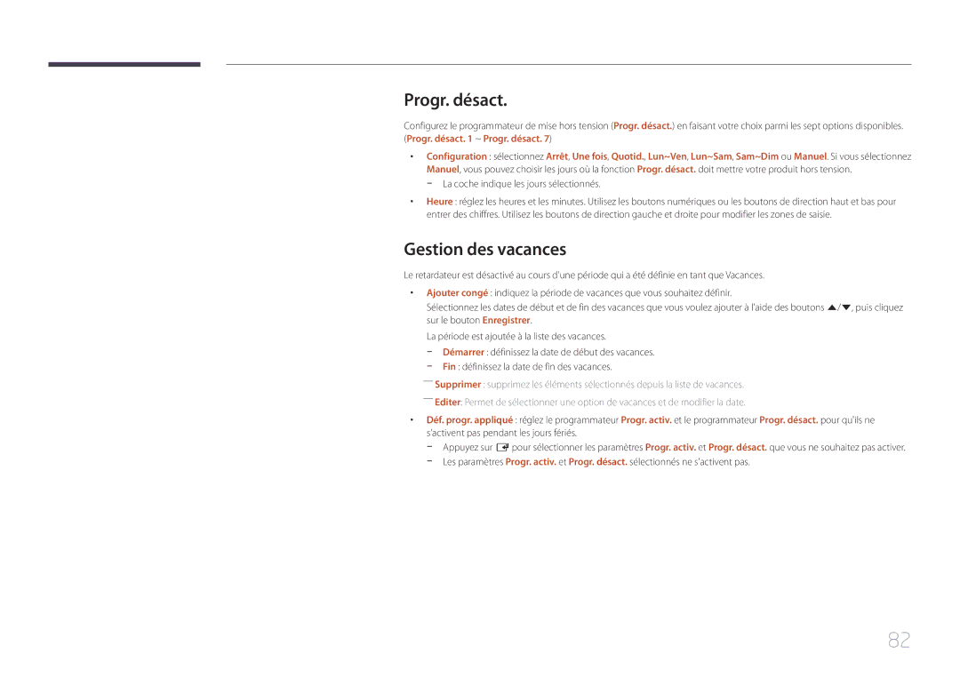 Samsung LH22DBDPTGC/EN manual Progr. désact, Gestion des vacances 