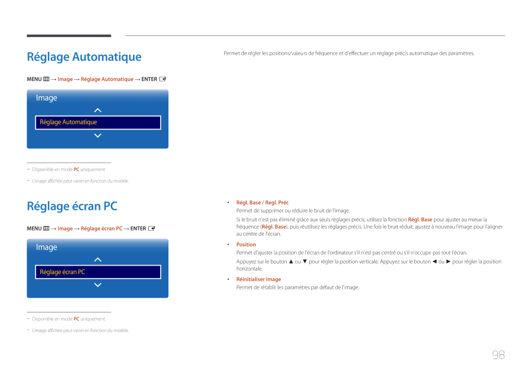 Samsung LH22DBDPTGC/EN manual Réglage Automatique, Réglage écran PC 