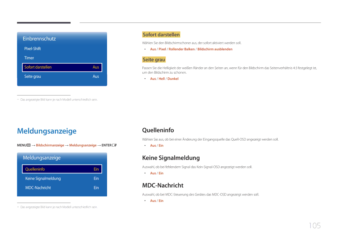 Samsung LH22DBDPTGC/EN manual Meldungsanzeige, 105, Quelleninfo, Keine Signalmeldung, MDC-Nachricht 