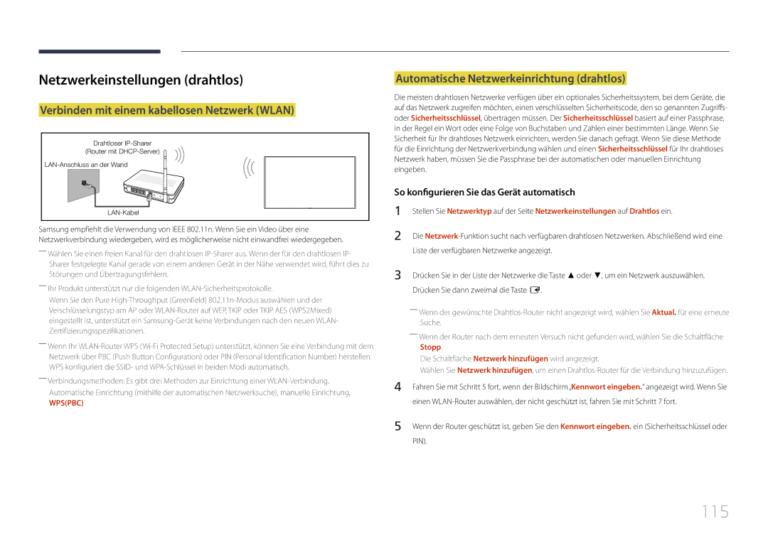 Samsung LH22DBDPTGC/EN manual 115, Netzwerkeinstellungen drahtlos, Verbinden mit einem kabellosen Netzwerk Wlan, Stopp 