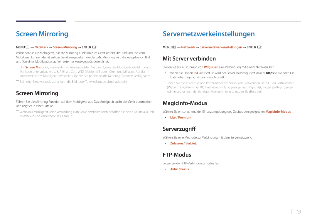 Samsung LH22DBDPTGC/EN manual Screen Mirroring, Servernetzwerkeinstellungen, 119 