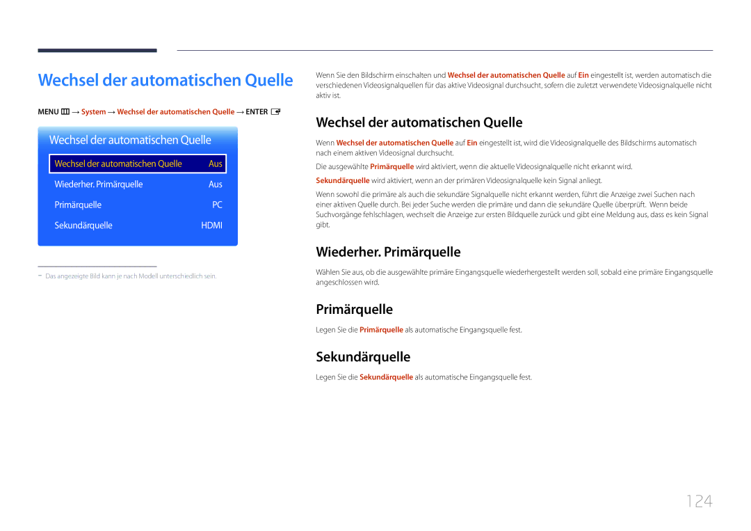 Samsung LH22DBDPTGC/EN manual 124, Wechsel der automatischen Quelle, Wiederher. Primärquelle, Sekundärquelle 