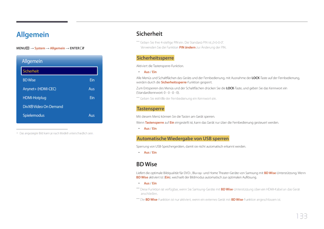 Samsung LH22DBDPTGC/EN manual Allgemein, 133, Sicherheit, BD Wise 