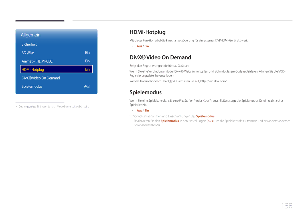 Samsung LH22DBDPTGC/EN manual 138, HDMI-Hotplug, DivX Video On Demand, Spielemodus 