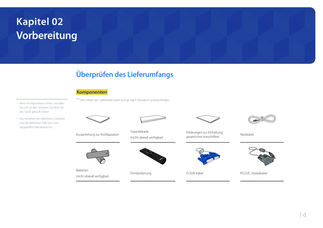 Samsung LH22DBDPTGC/EN manual Vorbereitung, Überprüfen des Lieferumfangs, Komponenten 