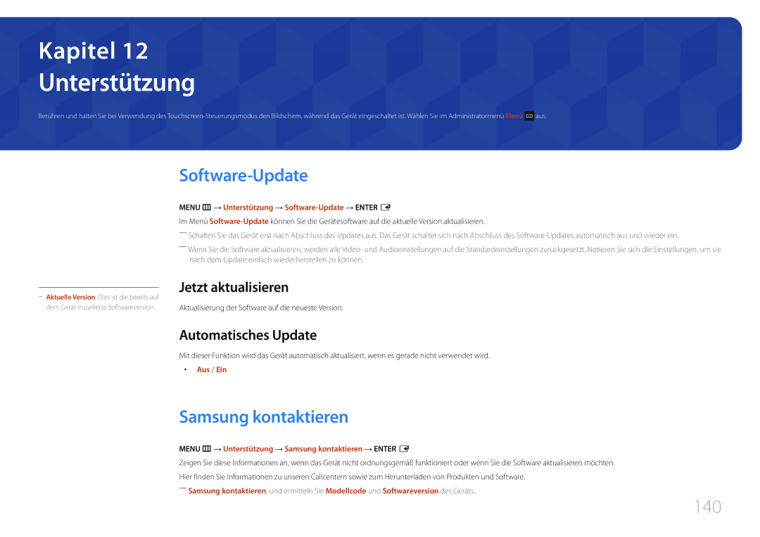 Samsung LH22DBDPTGC/EN manual Unterstützung, Software-Update, Samsung kontaktieren, 140 