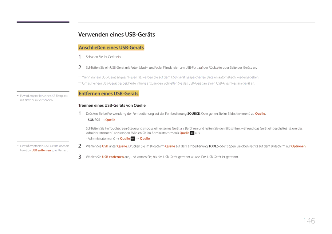 Samsung LH22DBDPTGC/EN 146, Verwenden eines USB-Geräts, Anschließen eines USB-Geräts, Entfernen eines USB-Geräts, → Quelle 