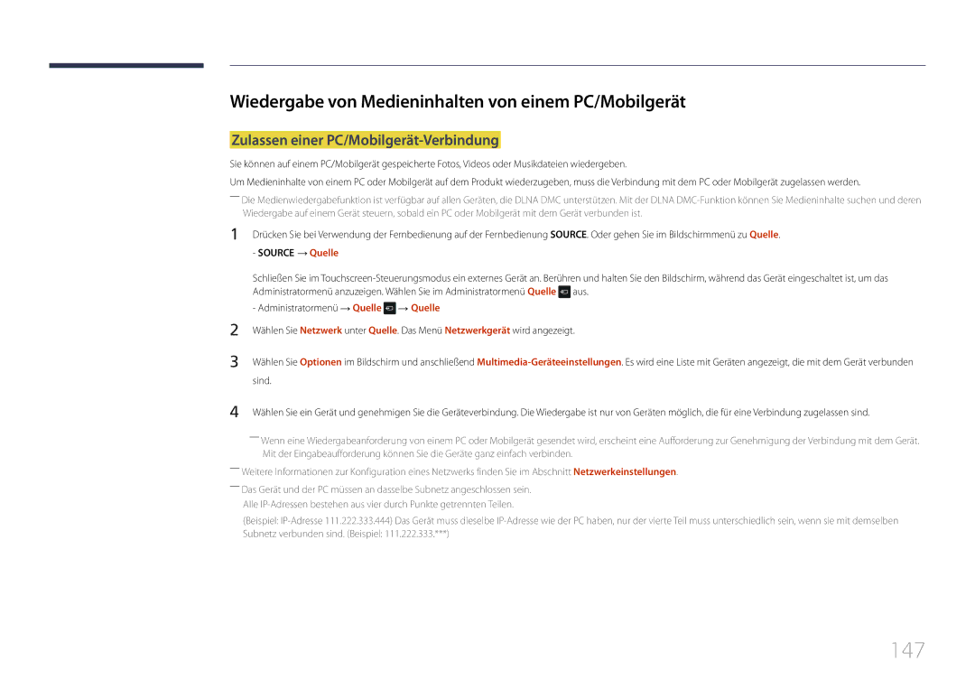 Samsung LH22DBDPTGC/EN 147, Wiedergabe von Medieninhalten von einem PC/Mobilgerät, Zulassen einer PC/Mobilgerät-Verbindung 