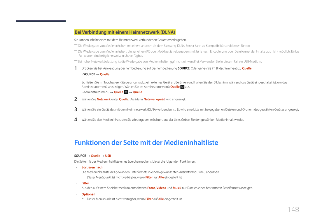 Samsung LH22DBDPTGC/EN Funktionen der Seite mit der Medieninhaltliste, 148, Bei Verbindung mit einem Heimnetzwerk Dlna 