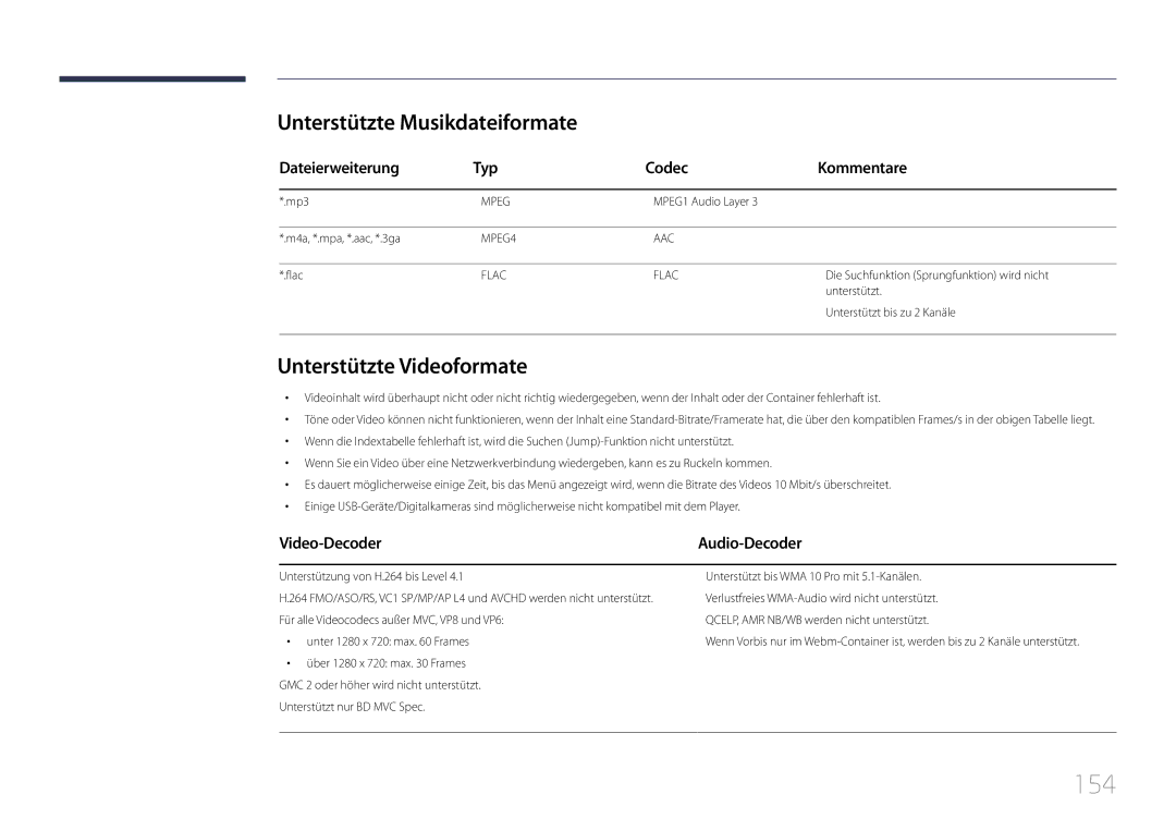 Samsung LH22DBDPTGC/EN manual 154, Unterstützte Musikdateiformate, Unterstützte Videoformate, Video-Decoder 