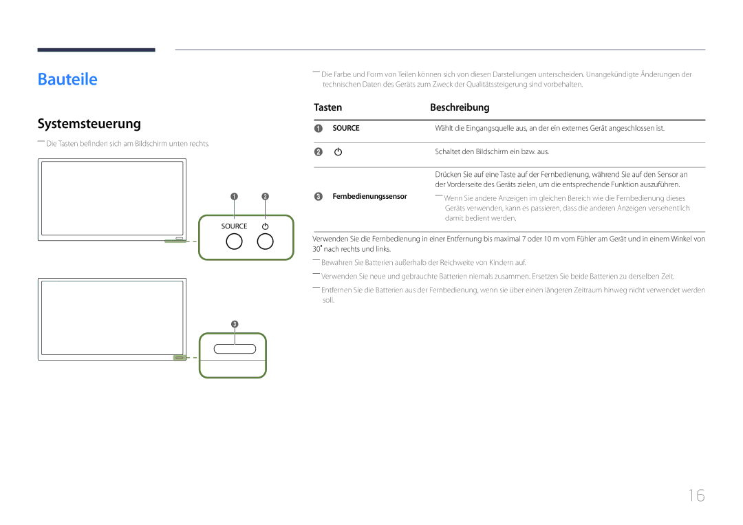 Samsung LH22DBDPTGC/EN manual Bauteile, Systemsteuerung, Tasten Beschreibung, Schaltet den Bildschirm ein bzw. aus 