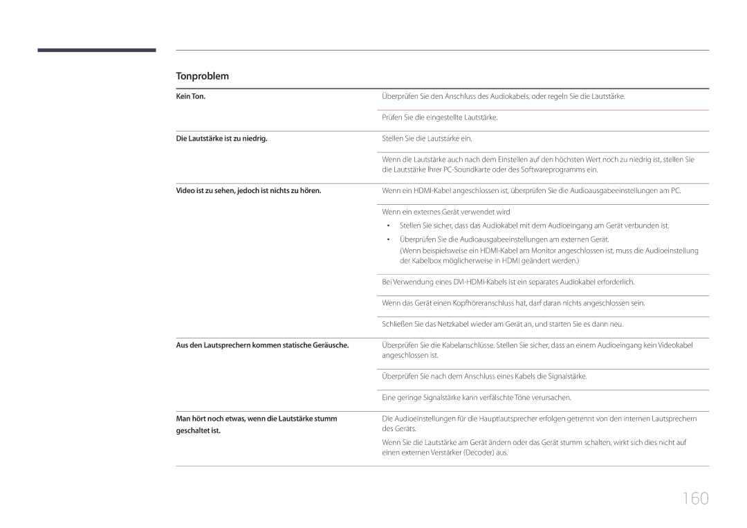 Samsung LH22DBDPTGC/EN manual 160, Tonproblem, Kein Ton, Die Lautstärke ist zu niedrig 