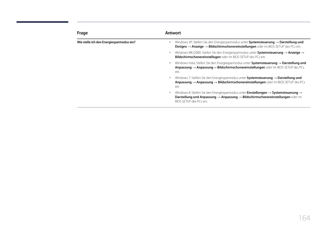 Samsung LH22DBDPTGC/EN manual 164, Frage, Wie stelle ich den Energiesparmodus ein? 