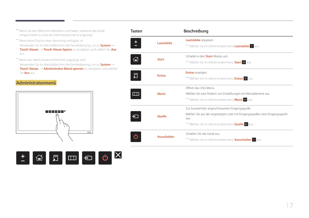 Samsung LH22DBDPTGC/EN manual Administratormenü, TastenBeschreibung 