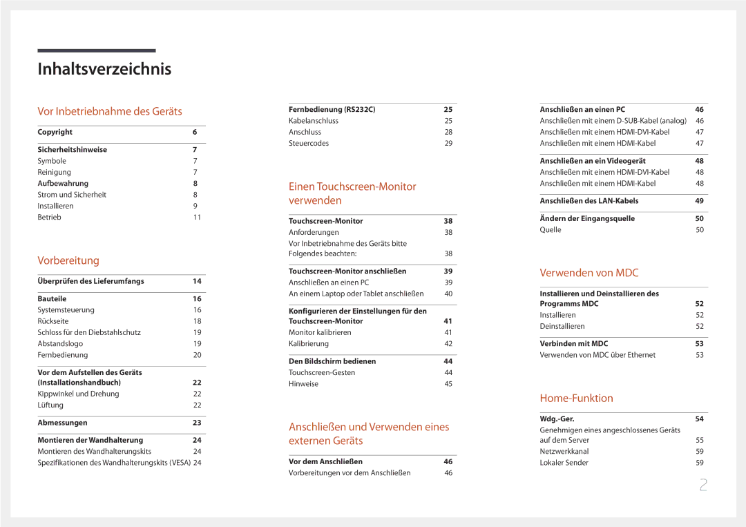 Samsung LH22DBDPTGC/EN manual Inhaltsverzeichnis 