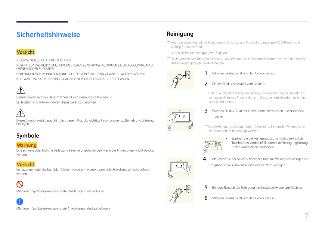 Samsung LH22DBDPTGC/EN manual Sicherheitshinweise, Symbole, Reinigung, Vorsicht 