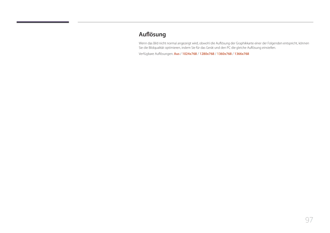 Samsung LH22DBDPTGC/EN manual Verfügbare Auflösungen Aus / 1024x768 / 1280x768 / 1360x768 