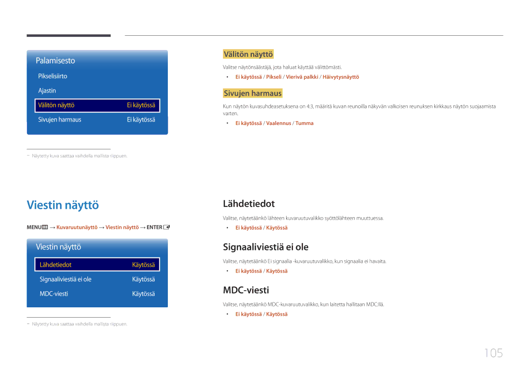 Samsung LH22DBDPTGC/EN manual Viestin näyttö, 105, Lähdetiedot, Signaaliviestiä ei ole, MDC-viesti 