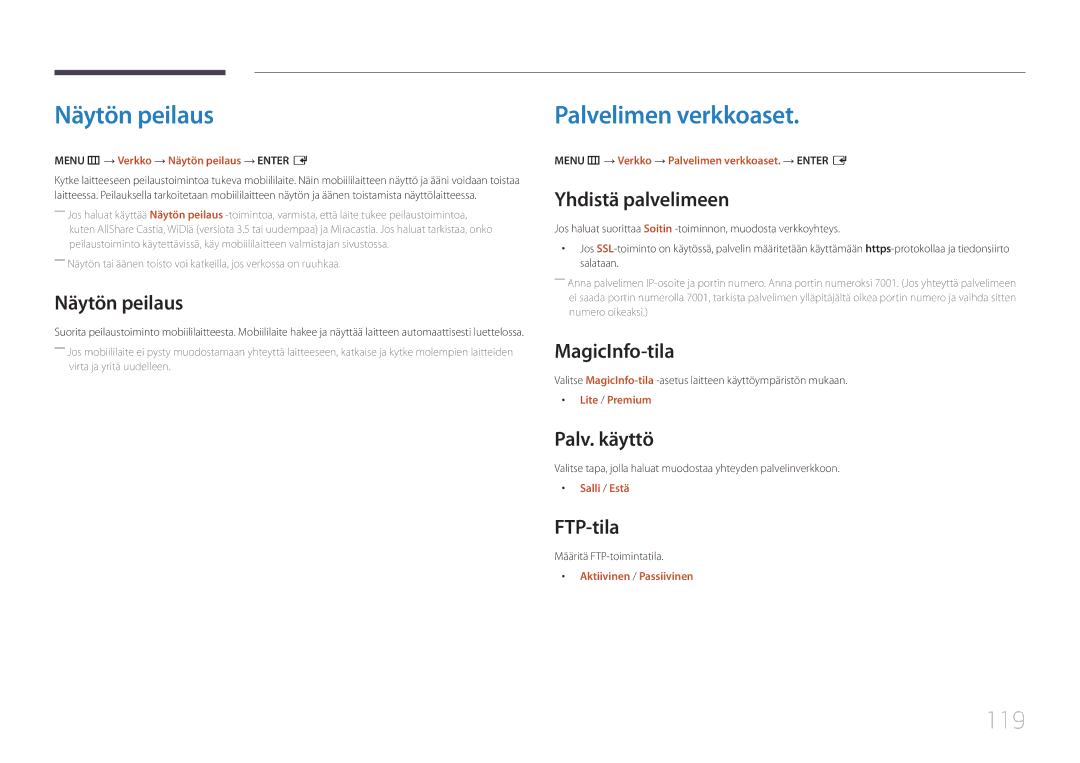 Samsung LH22DBDPTGC/EN manual Näytön peilaus, Palvelimen verkkoaset, 119 