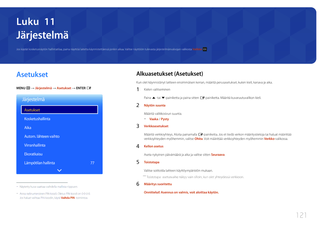 Samsung LH22DBDPTGC/EN manual Järjestelmä, 121, Alkuasetukset Asetukset 