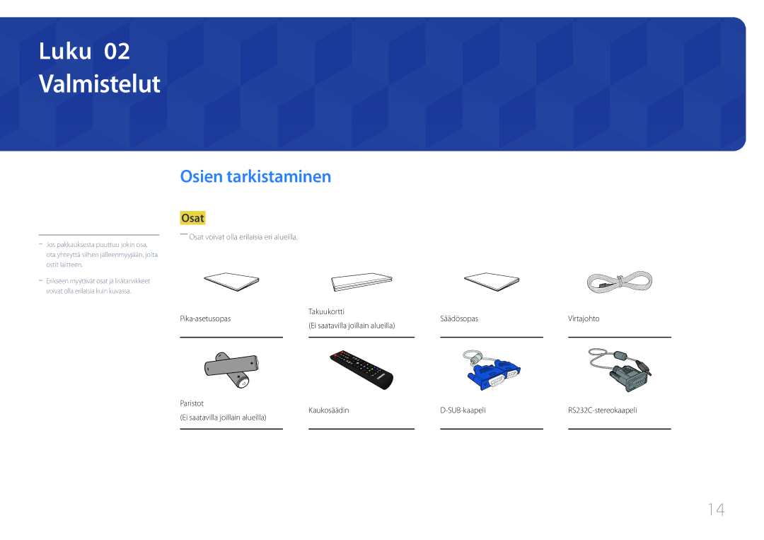 Samsung LH22DBDPTGC/EN manual Valmistelut, Osien tarkistaminen, Osat 