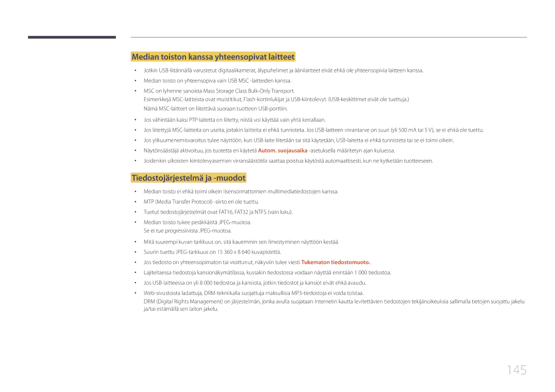 Samsung LH22DBDPTGC/EN manual 145, Median toiston kanssa yhteensopivat laitteet, Tiedostojärjestelmä ja -muodot 