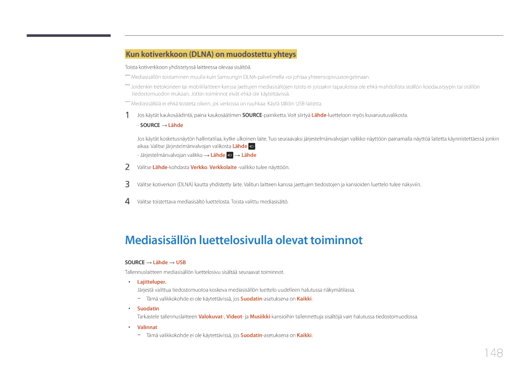 Samsung LH22DBDPTGC/EN Mediasisällön luettelosivulla olevat toiminnot, 148, Kun kotiverkkoon Dlna on muodostettu yhteys 