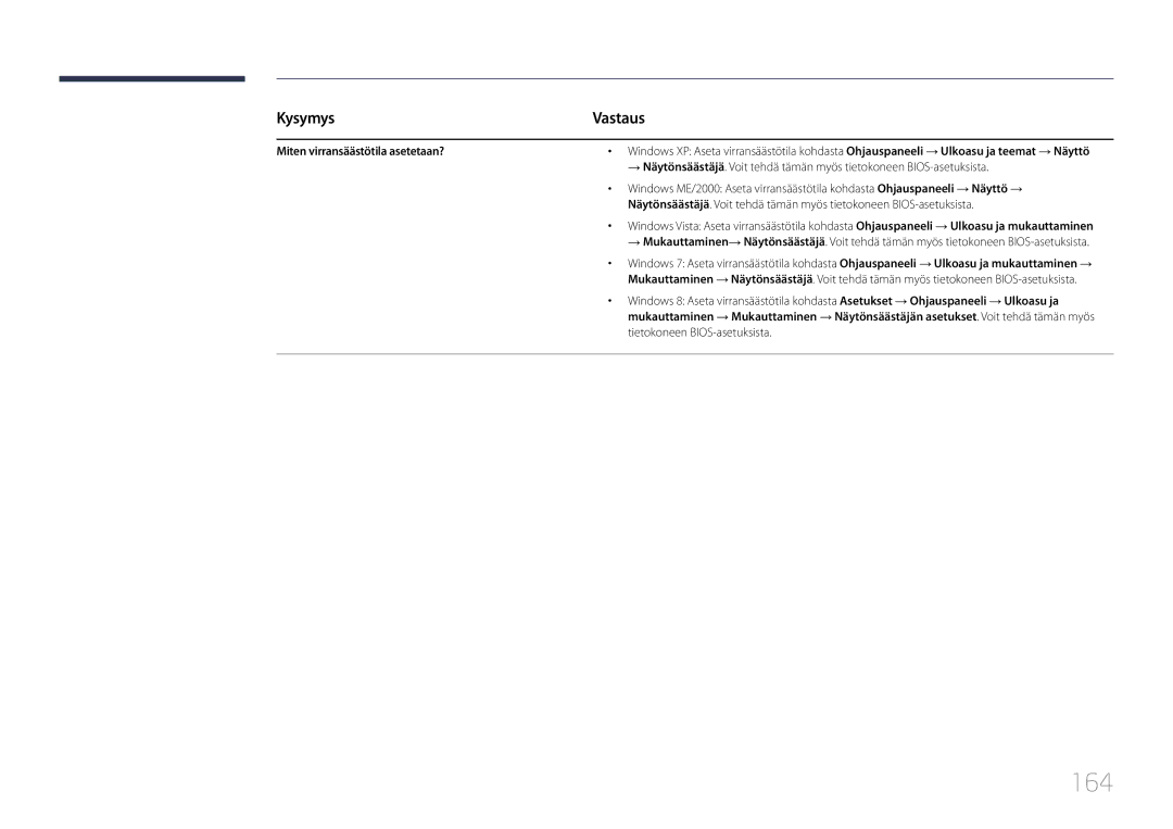 Samsung LH22DBDPTGC/EN manual 164, Miten virransäästötila asetetaan? 