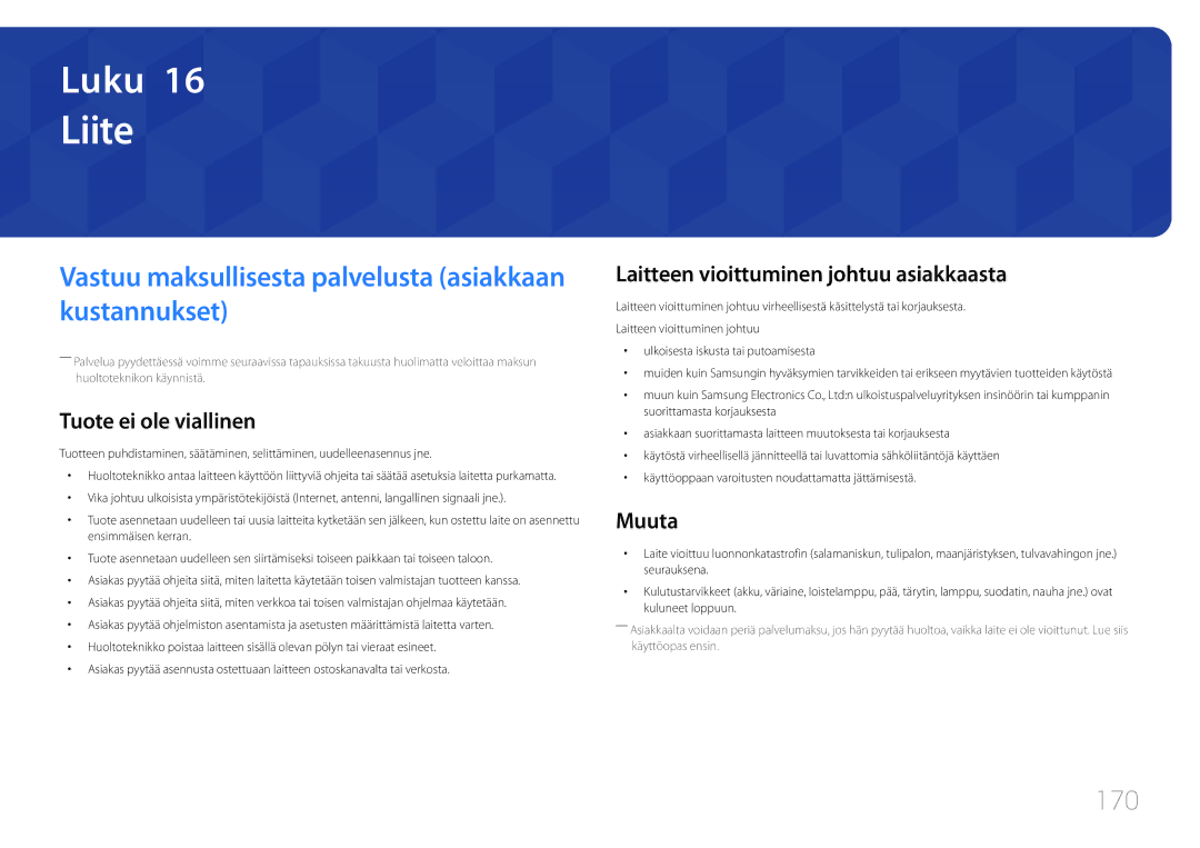 Samsung LH22DBDPTGC/EN manual Liite, Vastuu maksullisesta palvelusta asiakkaan kustannukset, 170 