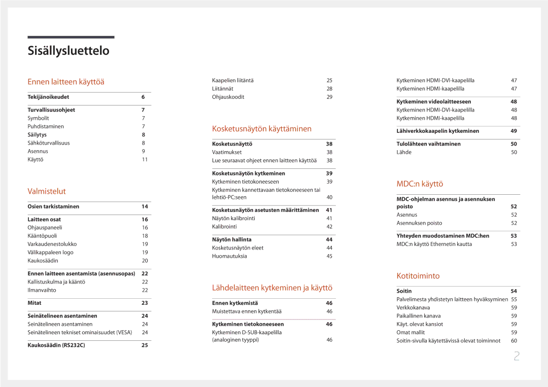 Samsung LH22DBDPTGC/EN manual Sisällysluettelo 